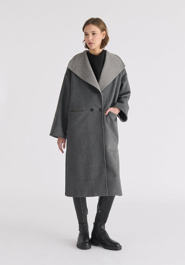 Two-Tone Double Breasted Wool Blend Coat in Grey Front